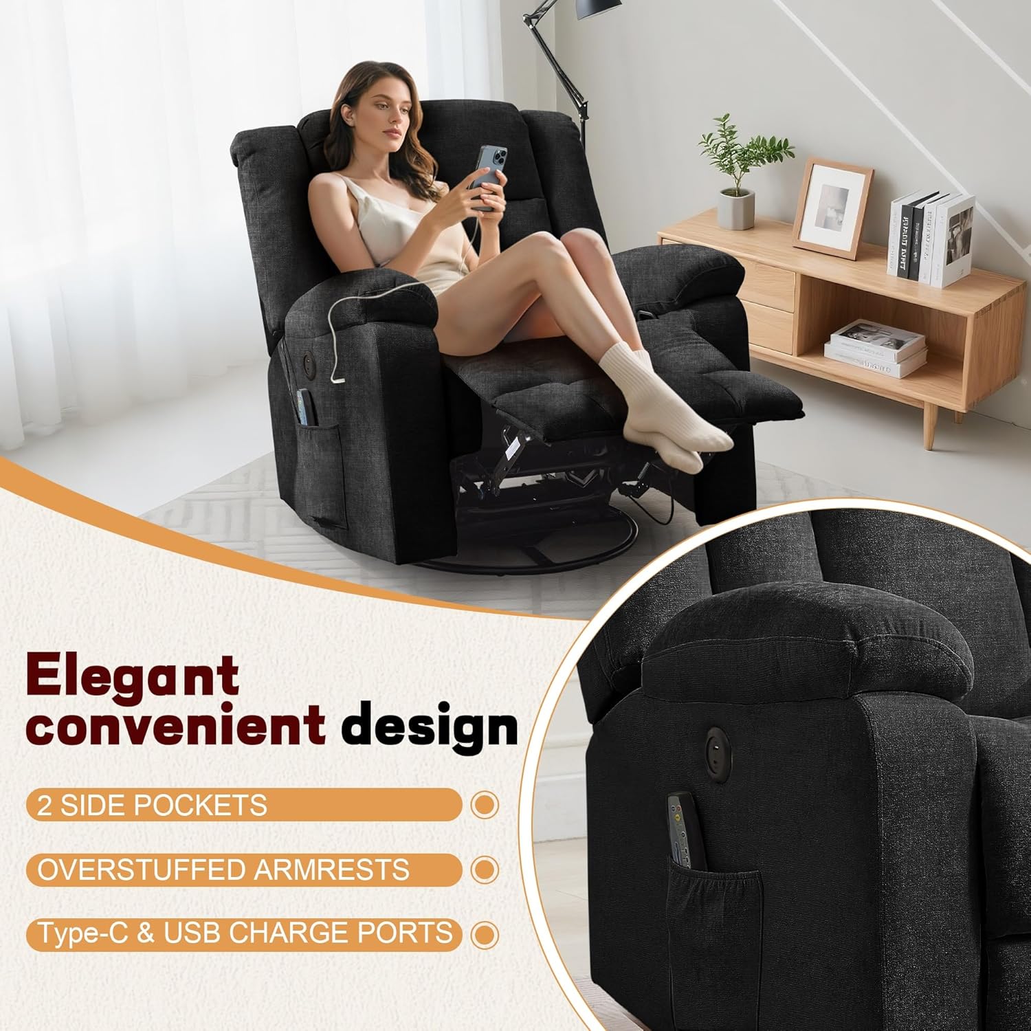 Rocker Recliner, Glider Recliner Chairs for Adults, 360° Swivel Rocking Chair with Massage and Heating, Nursery Chair with Storage and USB Charging for Living Room, Bedroom, Nursery wourant