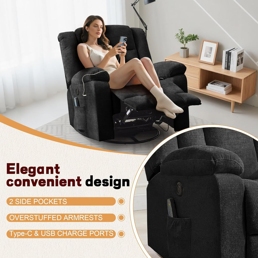 Adult rocking chair, gliding recliner, 360° rotating rocking chair with massage and heating function wourant