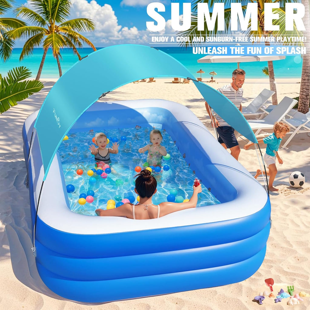 Inflatable Pool with Canopy,Upgraded Inflatable Swimming Pool for Kids,Adult,Large Inflatable Blow up Pools,Ocean Theme Oversized Thickened 105"x75"x25"Inflatable Family Pools for Backyard-Blue wourant