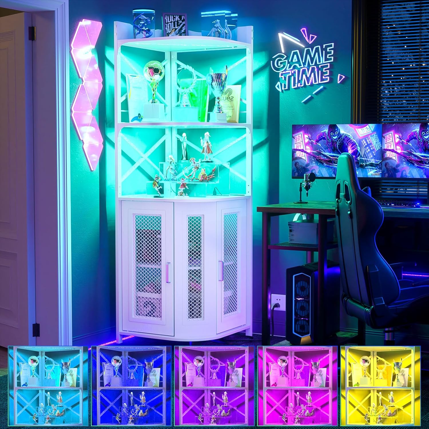 Aheaplus Corner Bar Cabinet with Power Outlet, Industrial Wine Cabinet with LED Strip and Glass Holder, 5-Tiers Liquor Cabinet Bar Unit for Home, Corner Display Cabinet for Small Space, White Oak wourant