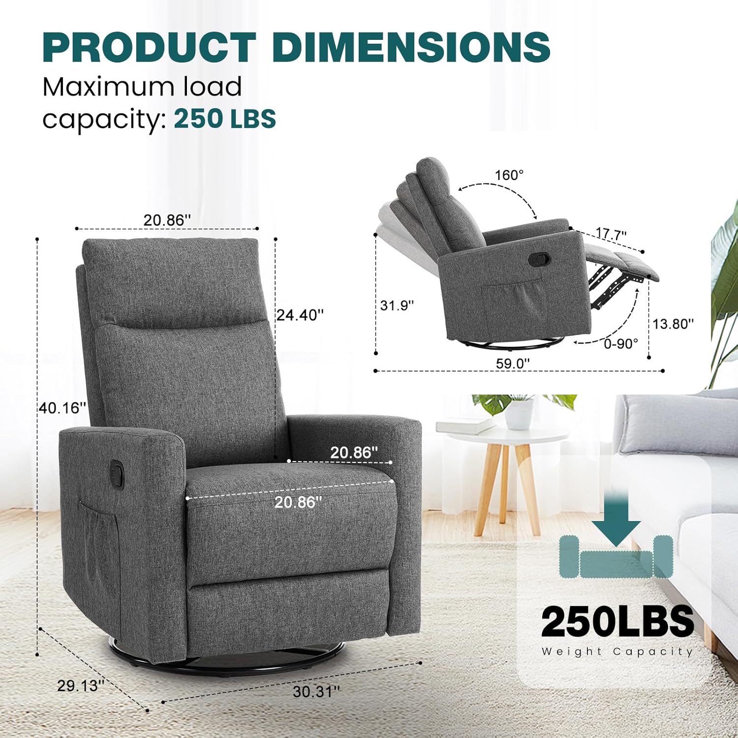 Swivel Rocking Recliner Chair with Extra Large Footrest High Back, Upholstered Glider Nursery Chair for Living Room, Bedroom & Nursery, Comfortable Deep Seat for Relaxation, Grey wourant