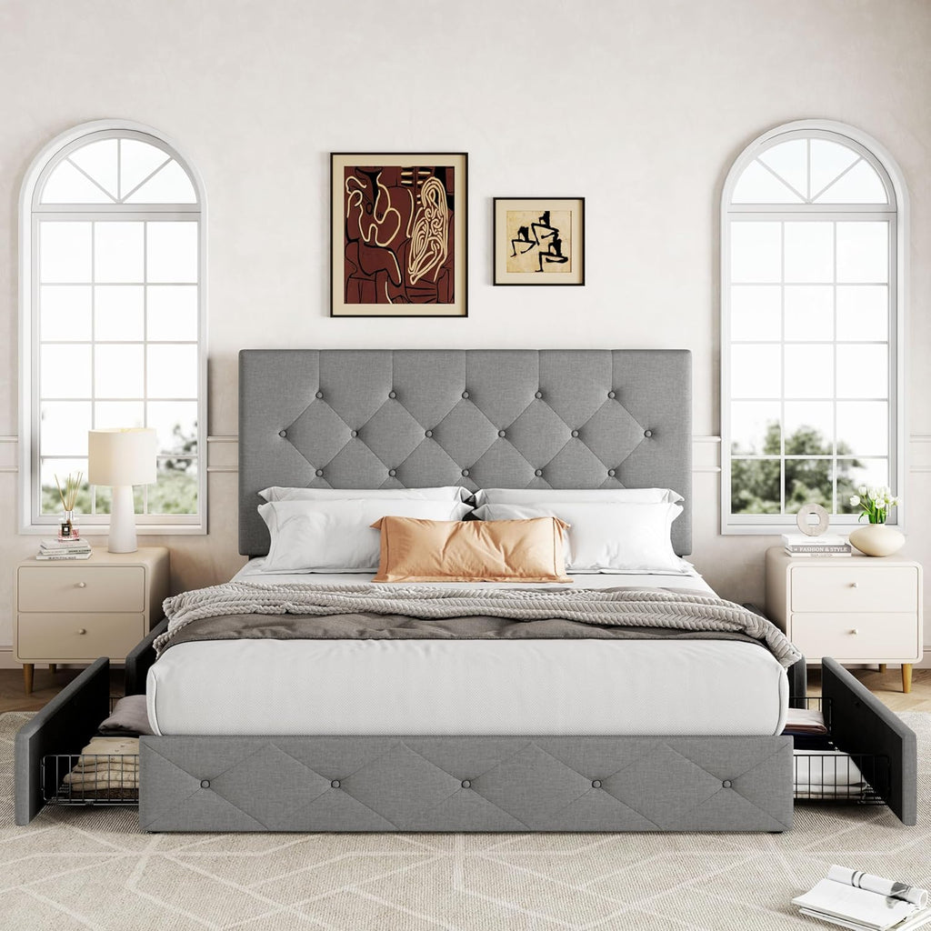 Allewie Upholstered Queen Size Platform Bed Frame with 4 Storage Drawers and Headboard wourant