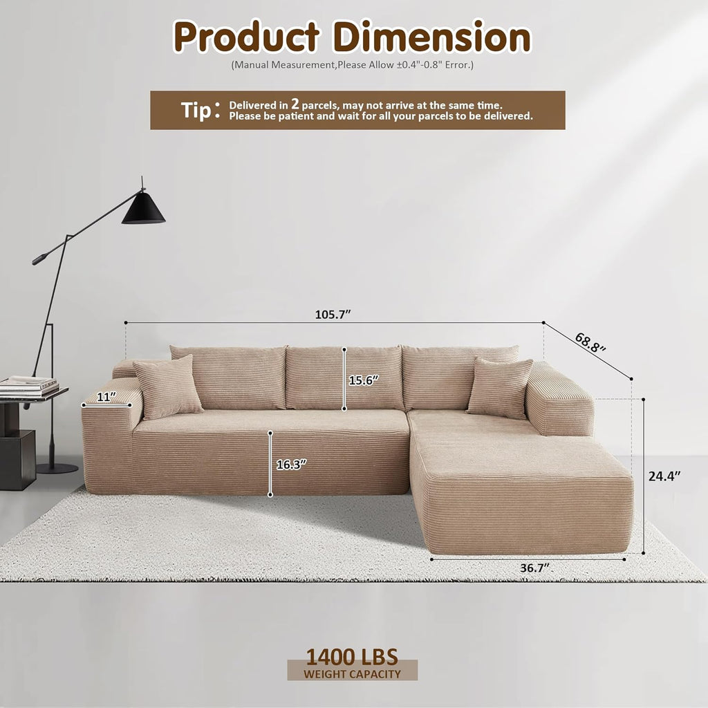 Ovios 104" Cloud Section Sofa L-shaped lounge chair, modern modular sofa wourant