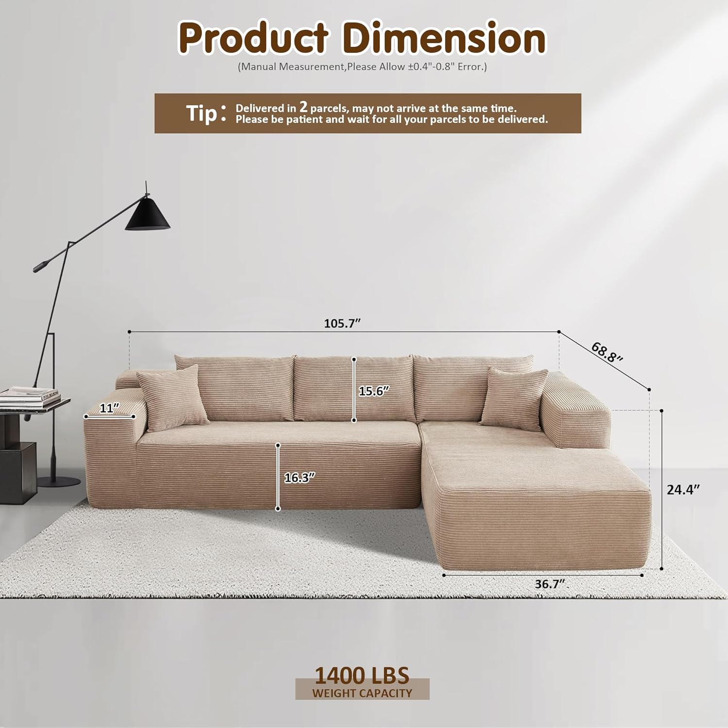 Ovios 104" Cloud Section Sofa L-shaped lounge chair, modern modular sofa wourant