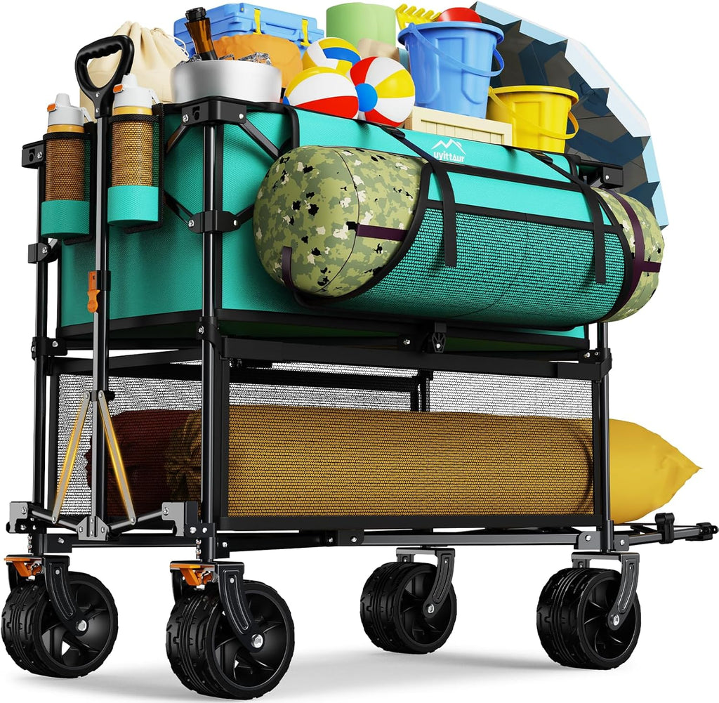 Foldable 50''L Extra Long Double Decker Wagon for Sport, 400L Collapsible Heavy Duty Wagon Cart with Big Wheels, Utility All-Terrain Large Extender Cart for Outdoors wourant