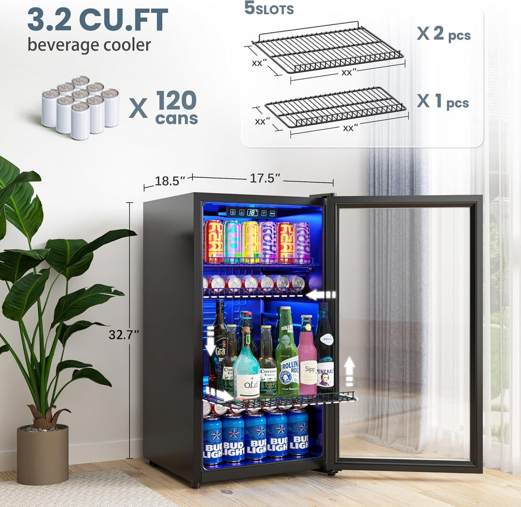 Beverage Refrigerator Cooler-120 Cans Freestanding Mini Fridge Cooler with Glass Door wourant