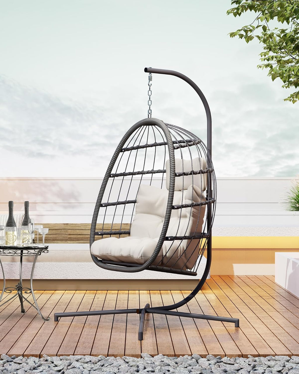 HWB Hanging Egg Chair Patio Wicker Hammock Egg Swing Chair with Cushion for Bedroom wourant