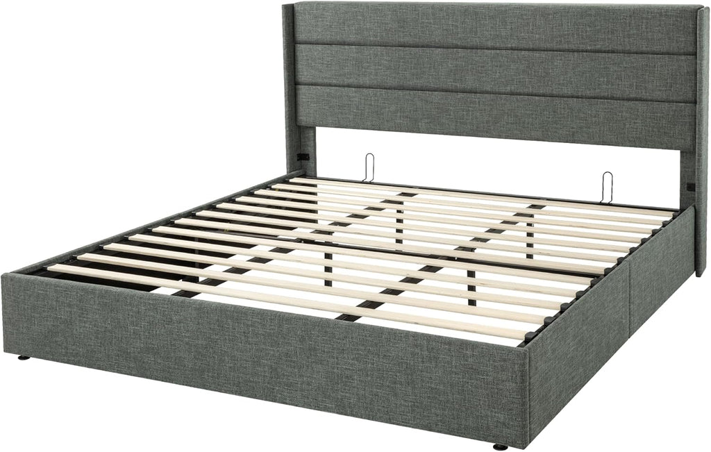 Allewie Queen Size Lift Up Storage Bed Modern Wingback Headboard Hydraulic Support wourant