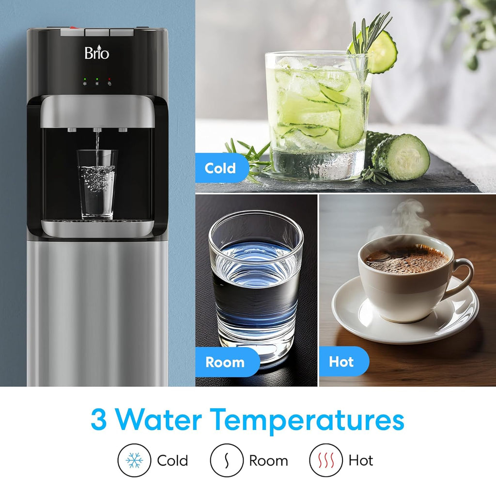Brio Bottom Loading Water Cooler Dispenser for 5 Gallon Bottles 3 Temperatures with Hot wourant