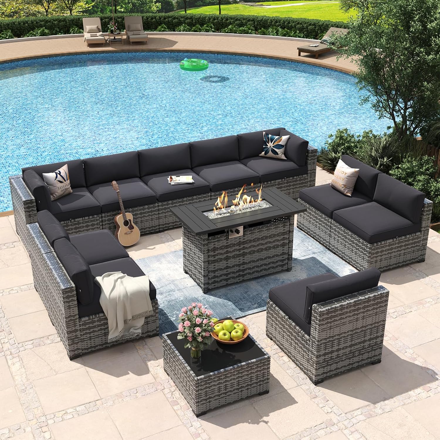 Aoxun 8 Piece Patio Furniture Set with 44?Fire Pit Table Wicker Rattan Outdoor Sectional Sofa Set with Coffee Table and Thickened Cushions, Beige (Waterproof Cover Included) woonhhop
