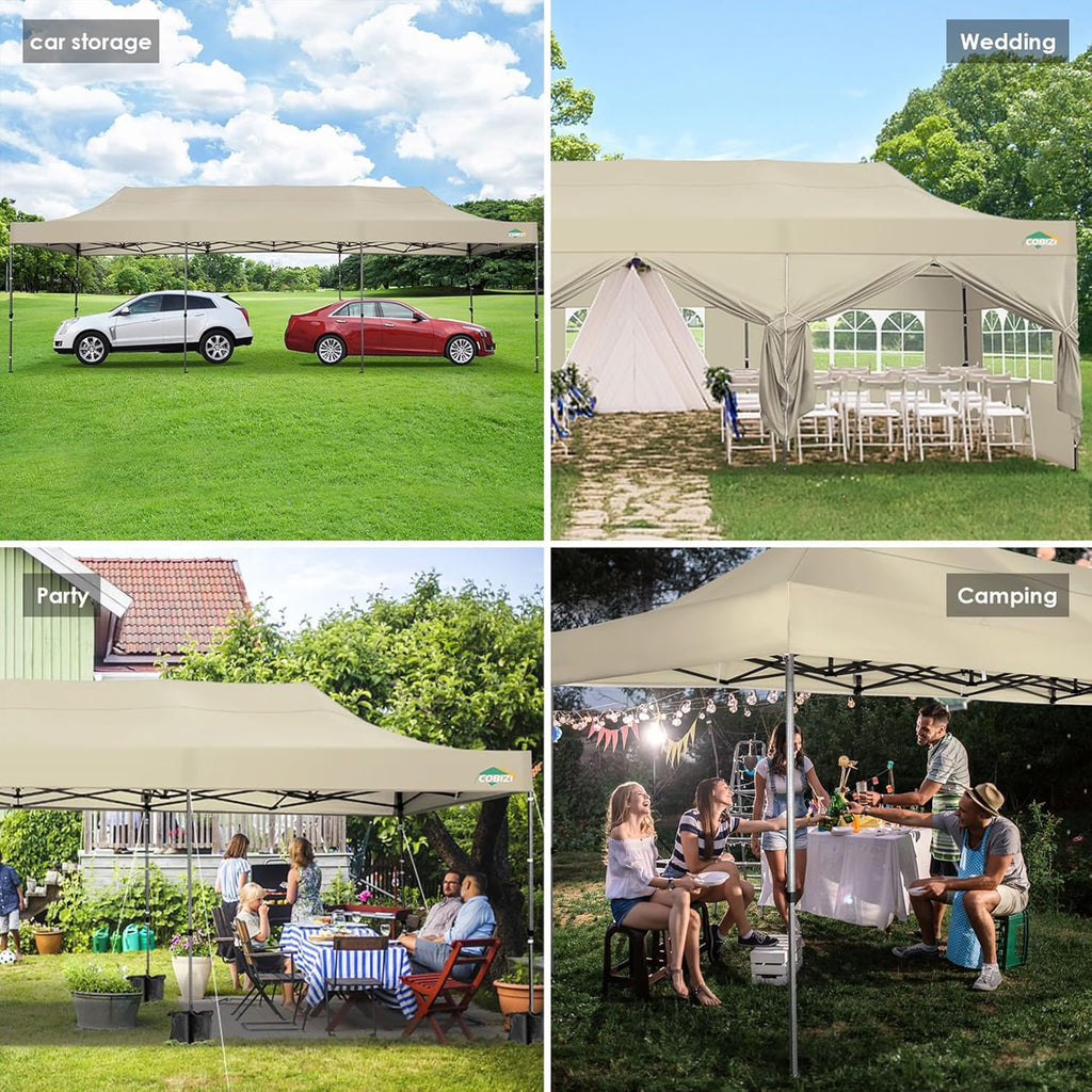 COBIZI 10x20 Heavy Duty Pop up Canopy Tent with 6 sidewalls Easy Up Commercial Outdoor Canopy Wedding Party Tents for Parties All Season Wind & Waterproof Gazebo with Roller Bag,Black(Frame Thickened) wourant
