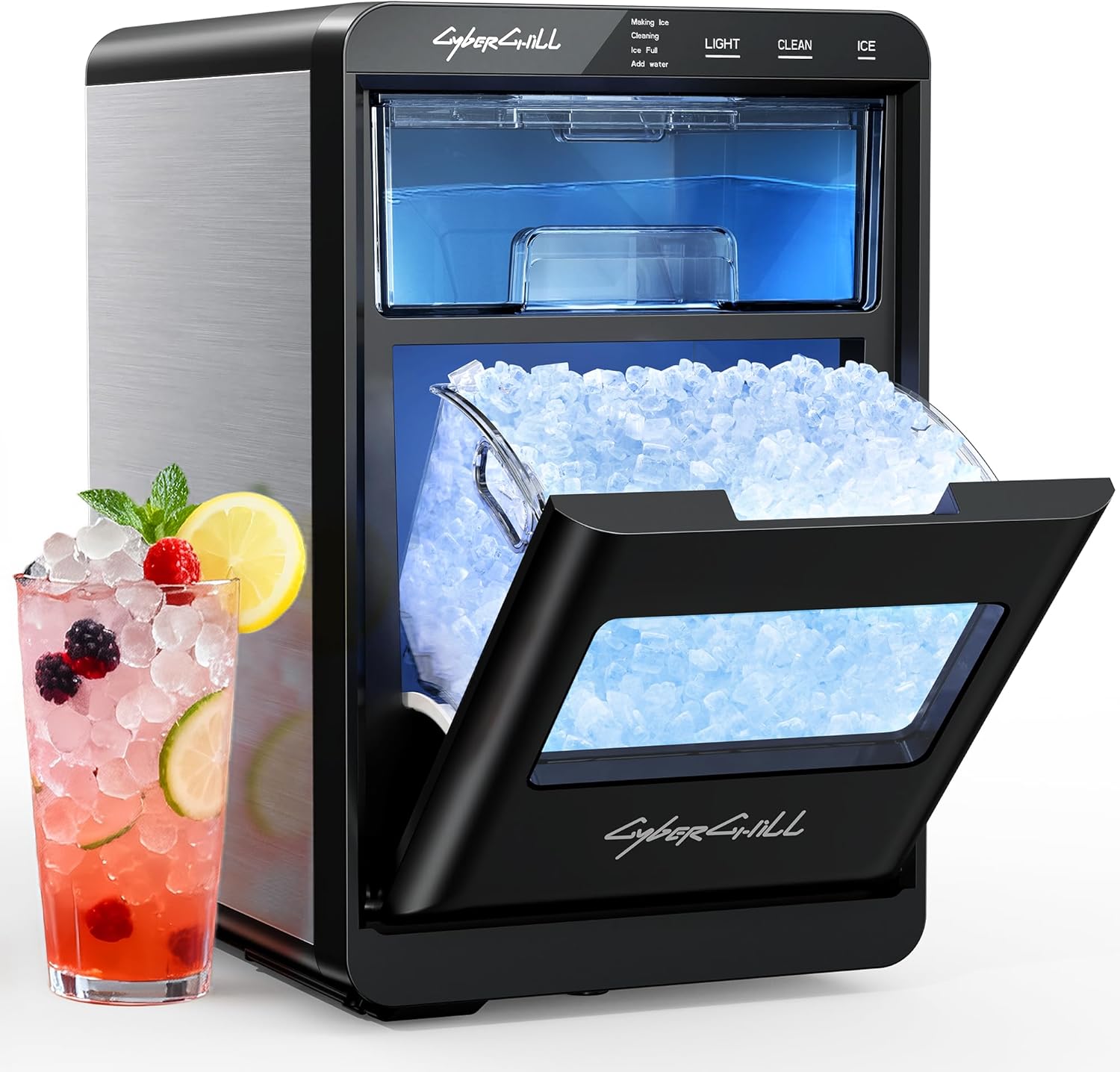 CyberChill Nugget Ice Maker Countertop 44lbs Per Day Pebble Sonic Ice Makers Machine Chewable Pellet Ice with Self-Cleaning Removable Water Tank See Through Window for Home/Kitchen/Office woonhhop