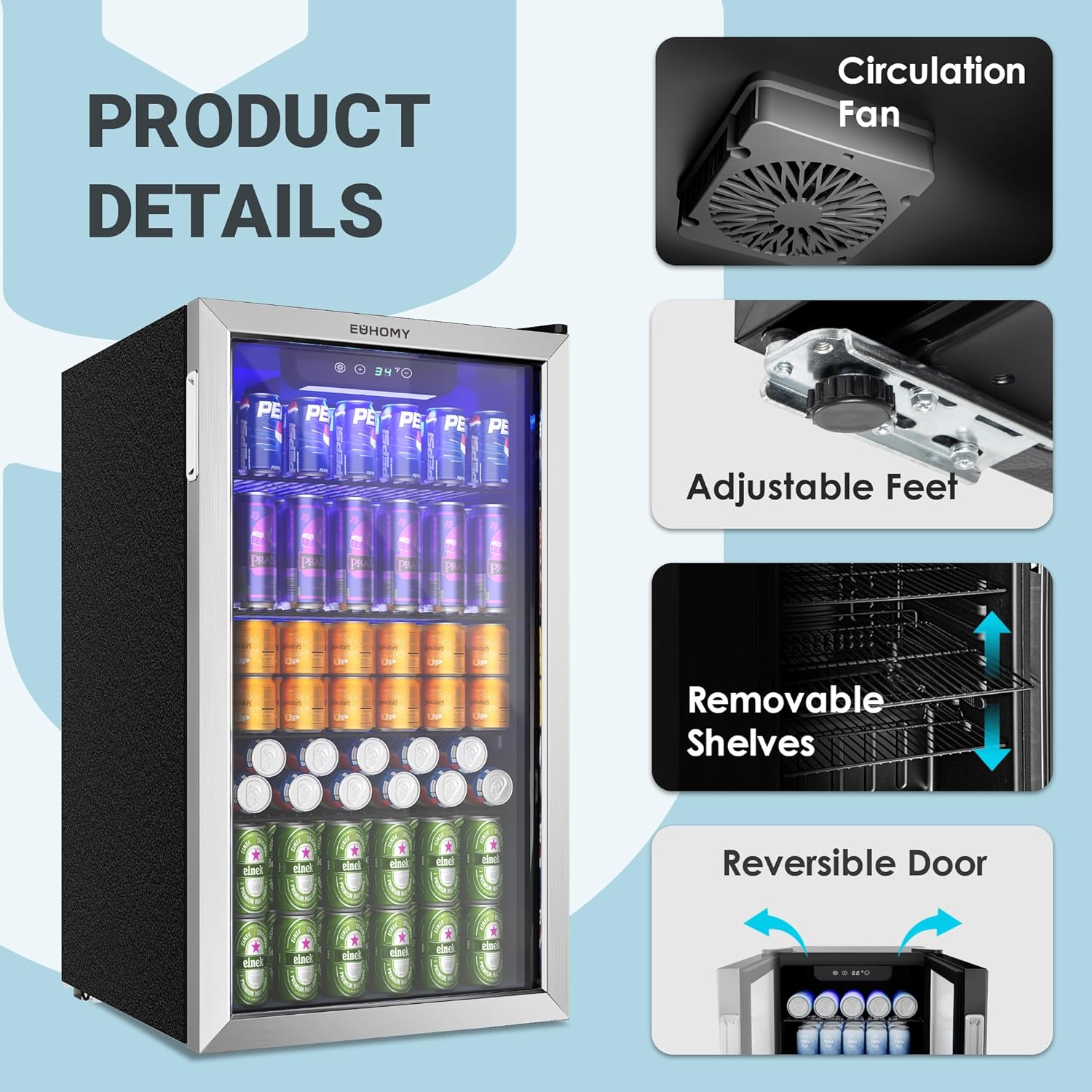 EUHOMY Beverage Refrigerator Cooler, 130 Can Mini Fridge with Glass Door for Soda Beer or Wine, Beverage Cooler for Home, Office, Bar with Adjustable Removable Shelves, Silver wourant