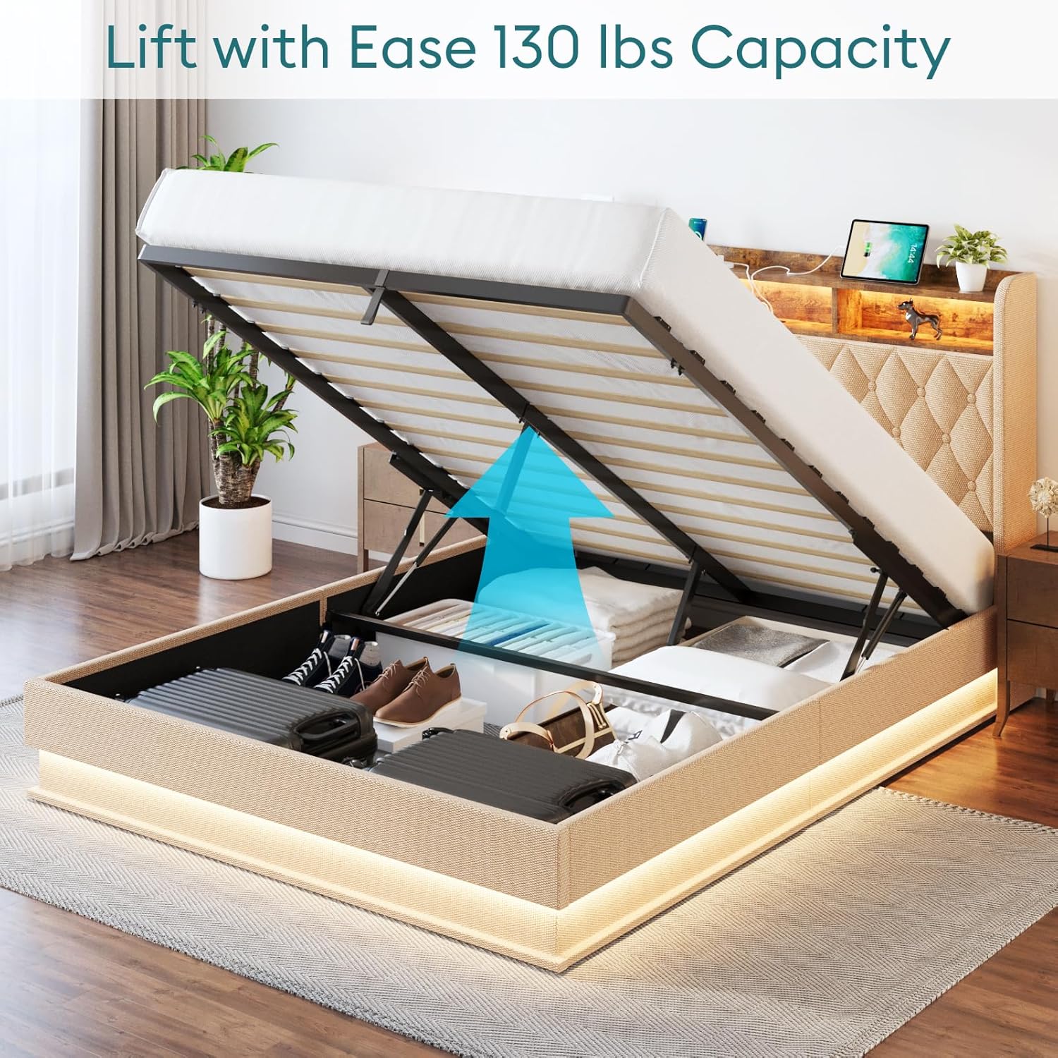 Queen Bed Frame Storage Lift Up Queen Size Bed Frame Headboard Upholstered Platform Bed wourant