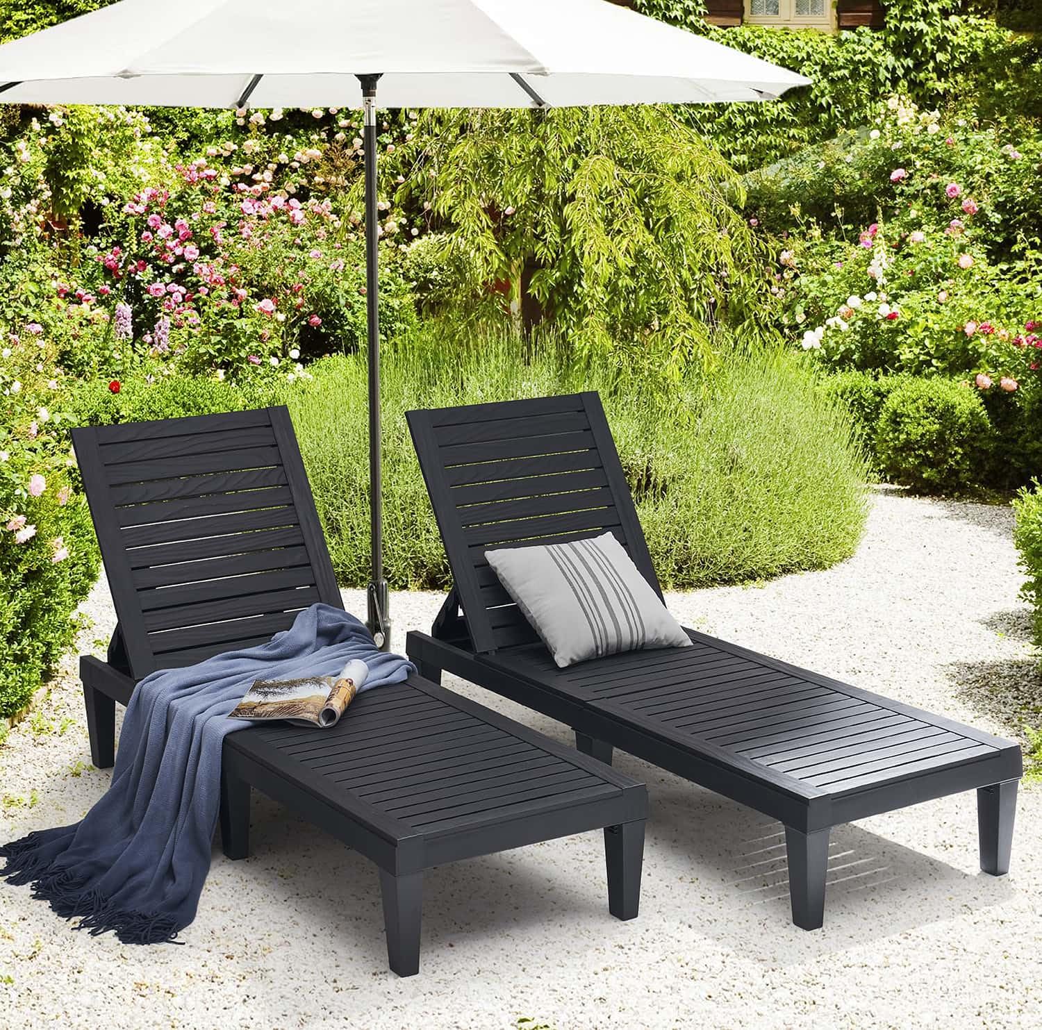 Patio Chairs - Black Chaise Lounge Chair Outdoor 5-Position Adjustable Sun Tanning Chair Waterproof Pool Lounge Chairs Set of 2 Reclining Lawn Chair, Lightweight Outdoor Lounge Chairs wourant