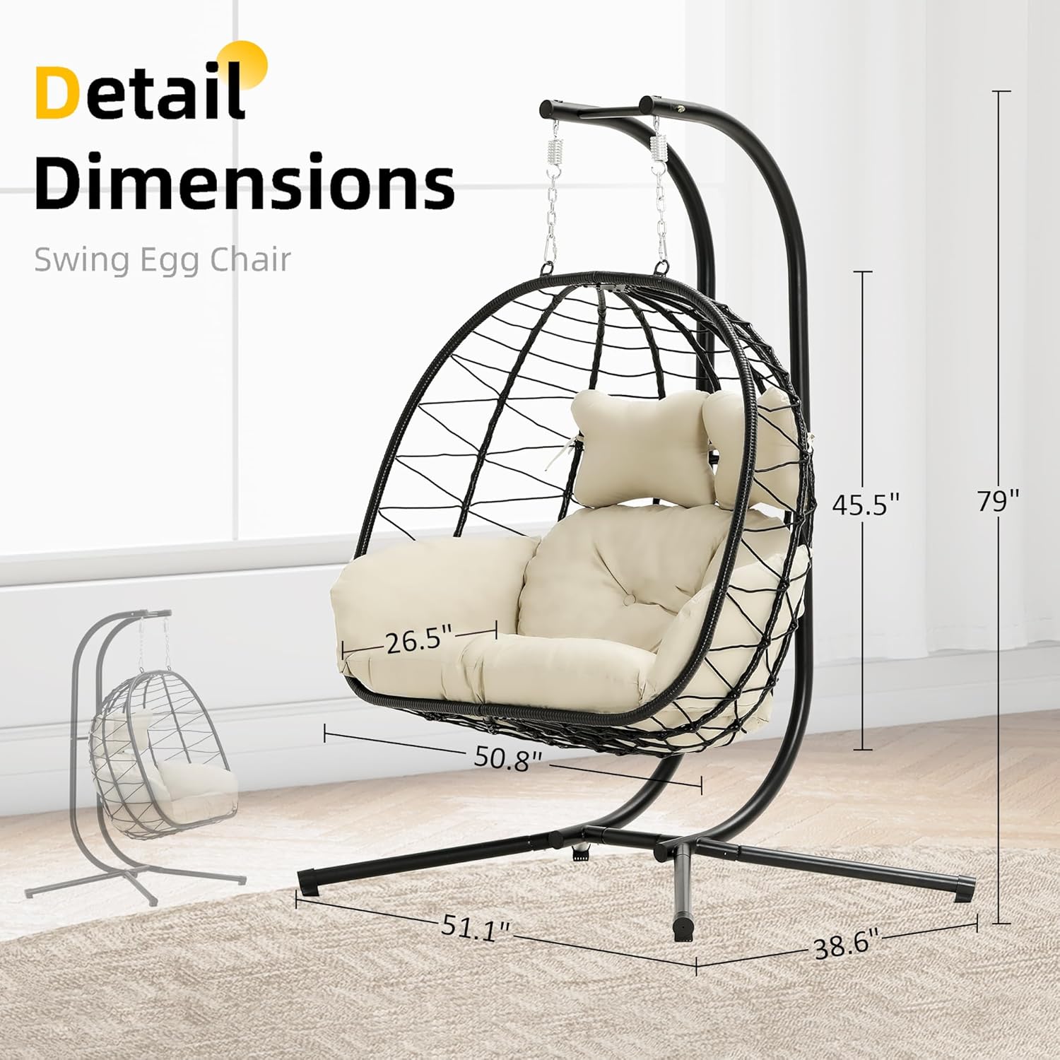 Double Egg Chair Hammock Swing Chair Foldable Hanging Loveseat UV Resistant Cushions wourant