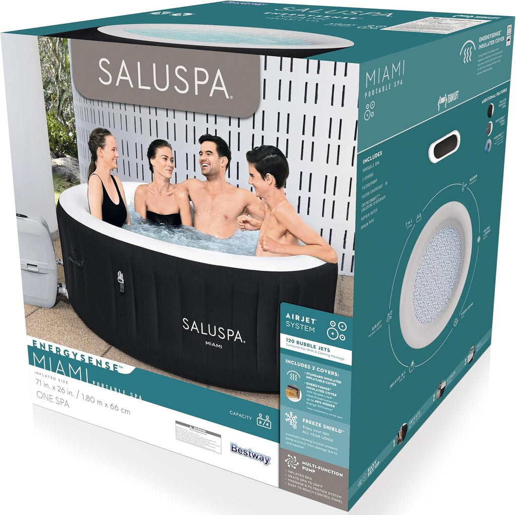 Bestway SaluSpa Miami EnergySense AirJet Inflatable Hot Tub Spa (71" x 26") | Portable Hot Tub with 2 Covers (1 Energy-Efficient Thermal Cover and 1 Standard Cover) | Fits Up to 2-4 Persons | Black wourant