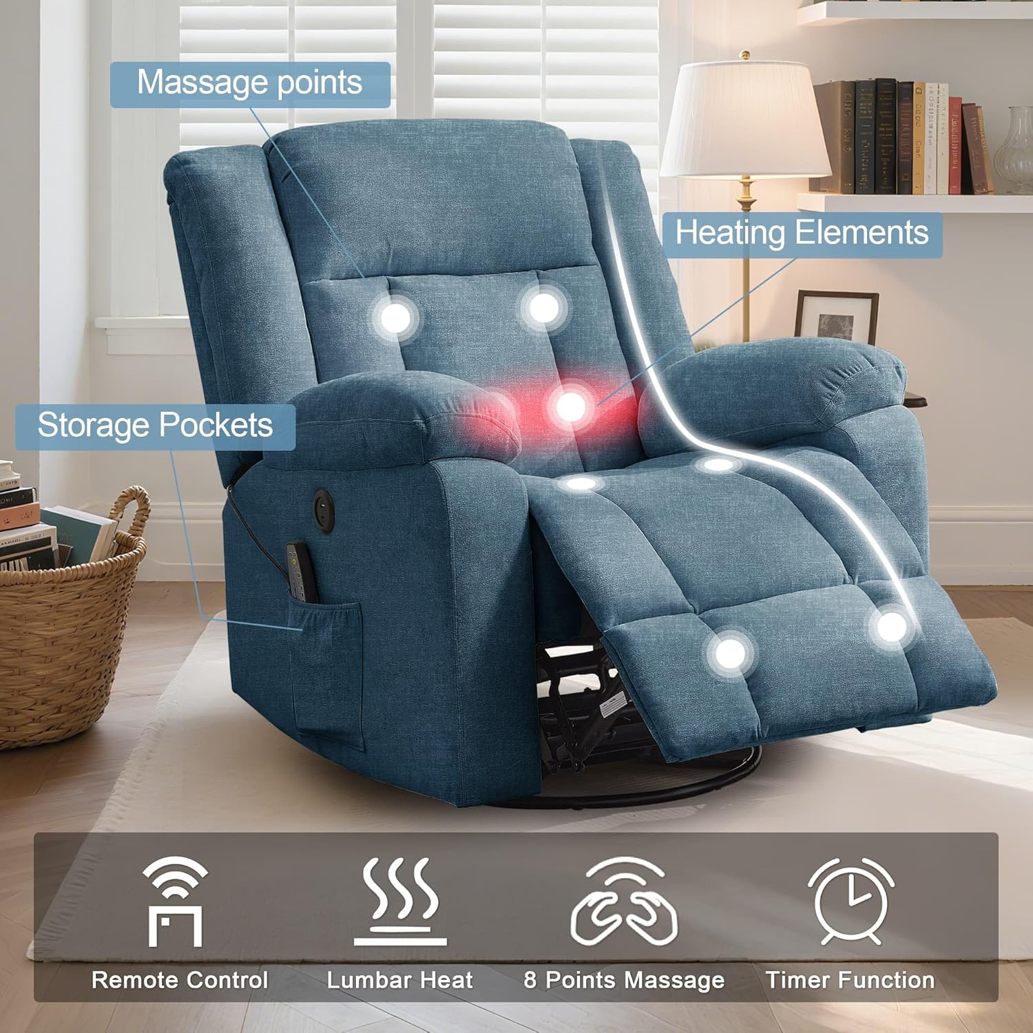 Adult rocking chair, gliding recliner, 360° rotating rocking chair with massage and heating function wourant