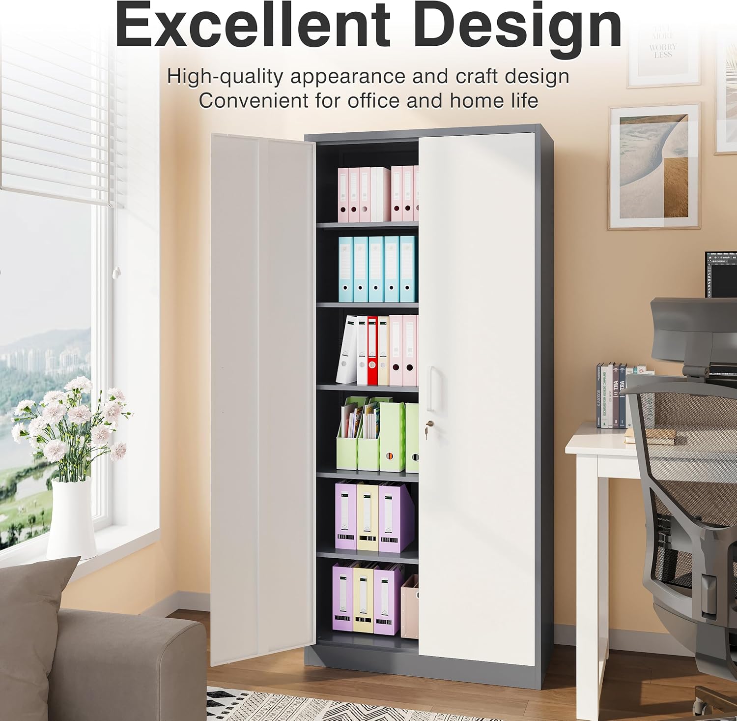 Metal Storage Cabinet with 2 Doors and 6 Shelves, Black Metal Cabinet with Lock, 71 Inch Lockable Garage Storage Cabinet wourant