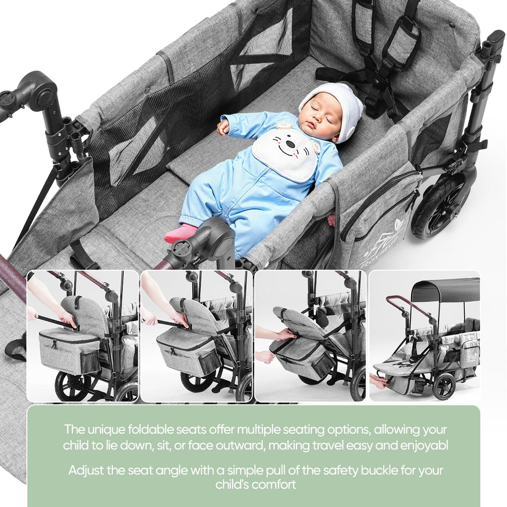 Wagon Stroller for 2 Kids,Premium Wagon for Kids with Removable Canopy, Snack Tray, Convertible Baby Bassinet, 5-Point Safety Harness, All-Terrain PU Wheels & Adjustable Push/Pull Handle,Grey wourant