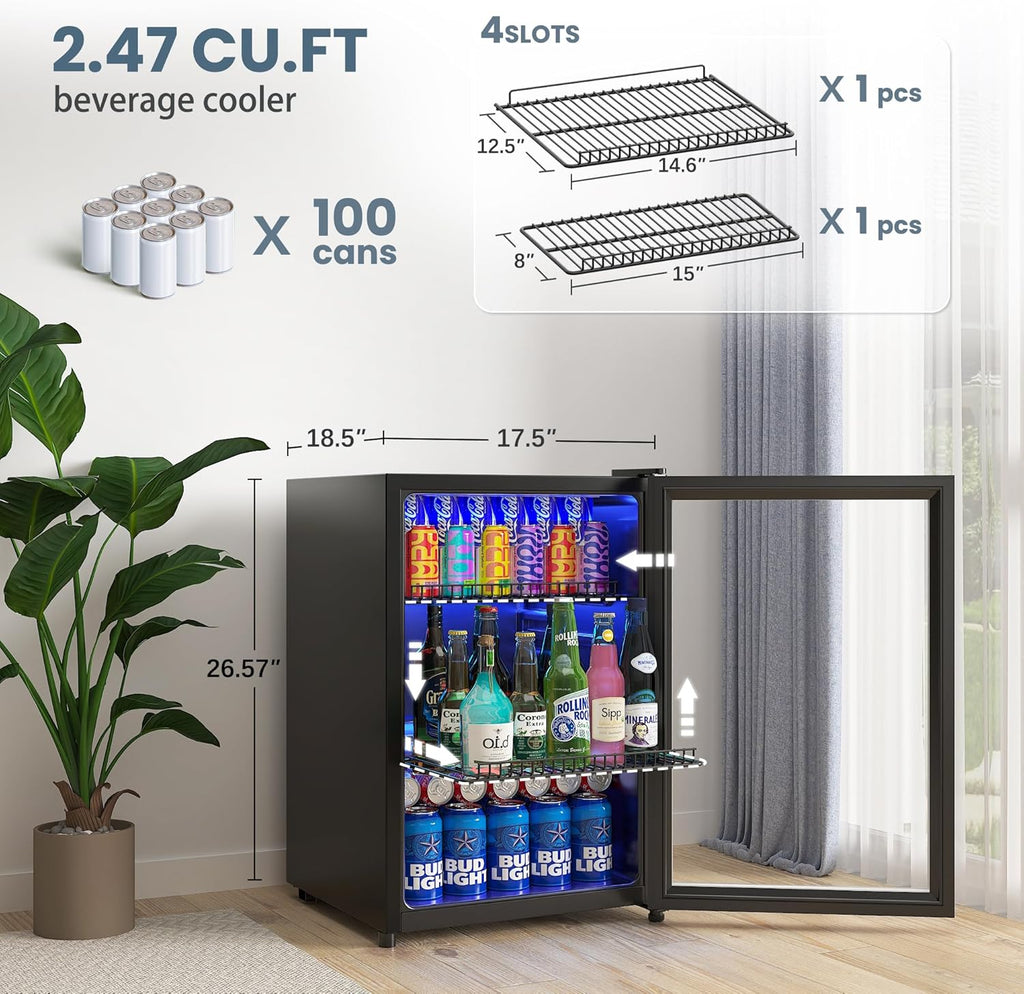 Beverage Refrigerator Cooler-120 Cans Freestanding Mini Fridge Cooler with Glass Door wourant