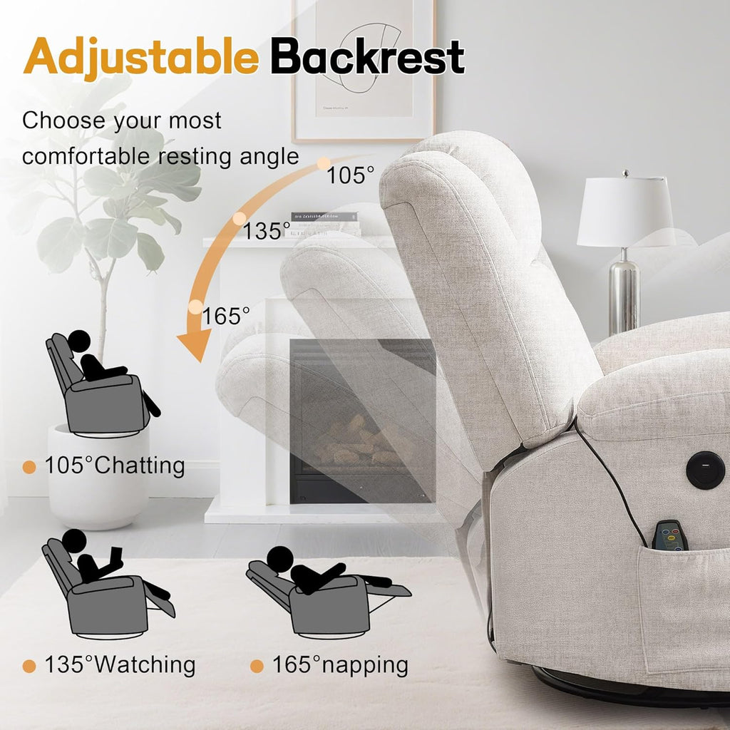 Adult rocking chair, gliding recliner, 360° rotating rocking chair with massage and heating function wourant