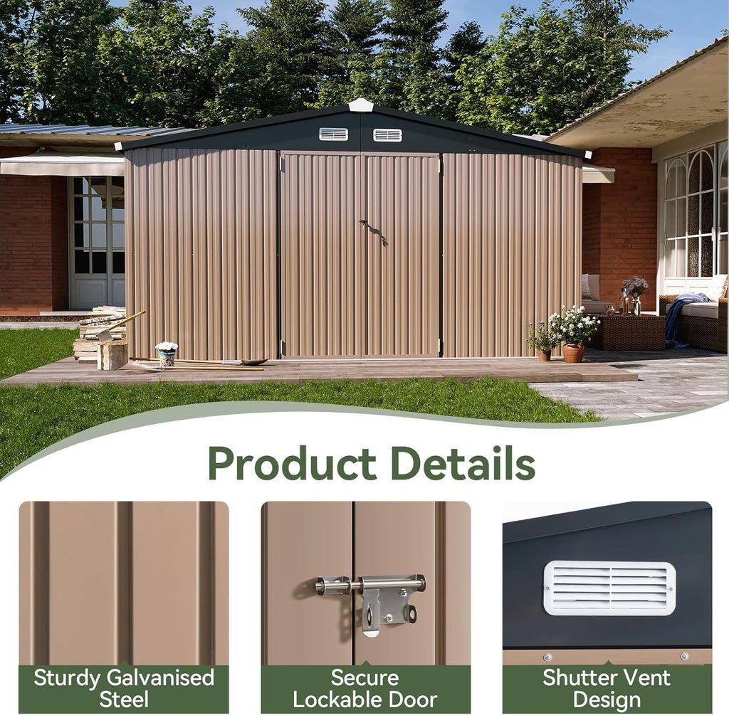 Aoxun 12x10 FT Shed Metal Outdoor Waterproof Storage Shed Steel Utility Garden Tool Shed with Door & Lock Outdoor Storage for Garden Patio Lawn Poolside, Brown wourant