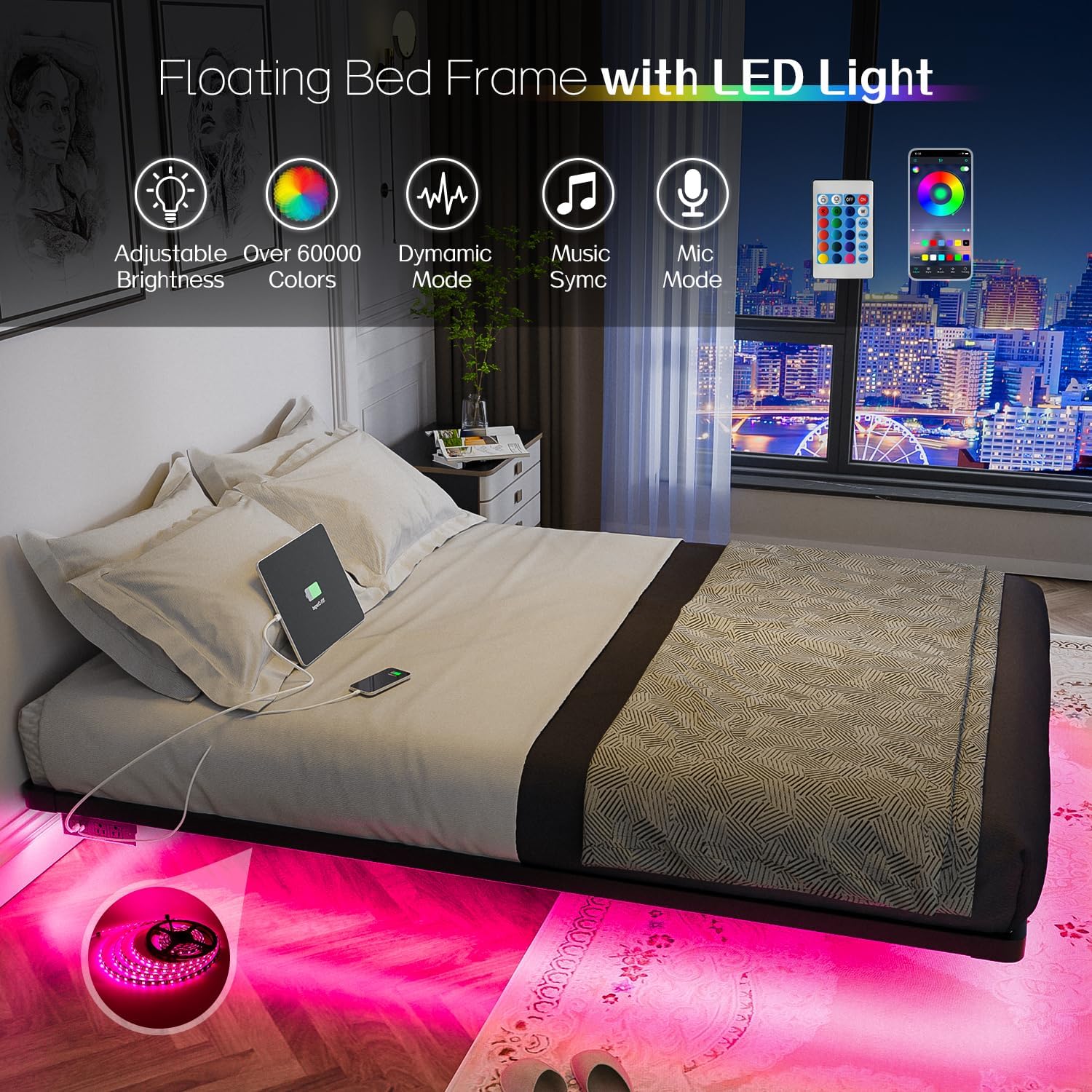 OLEVS Floating Bed Frame Queen Size with Smart LED Lights Modern Metal Platform Bed wourant