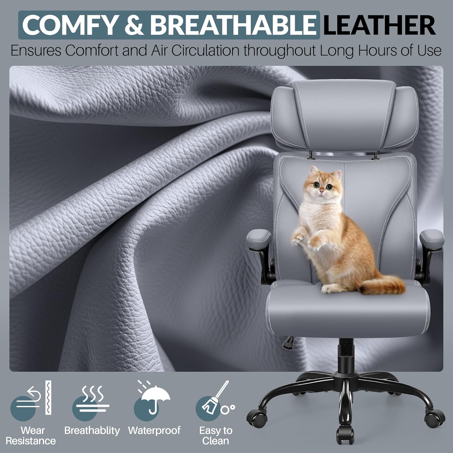 Office Chair Large High-Foot Computer Desk Chair, Breathable Leather Chair Lumbar Support Rotating Computer Chair wourant