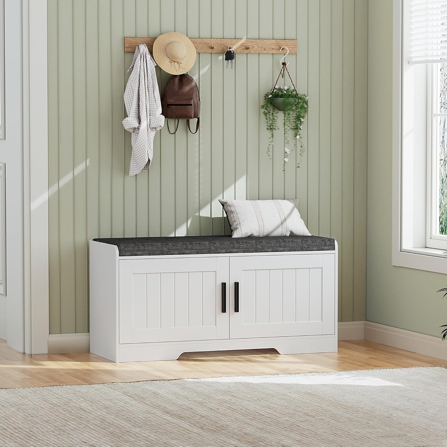2-Tier Storage Bench, Shoe Bench with Thickened Padded Seat Cushion, Entryway Bench with 4 Doors, Adjustable Shelf, 13.8" D x 45.3" W x 18.5" H, for Entryway, Living Room, Bedroom, White wourant