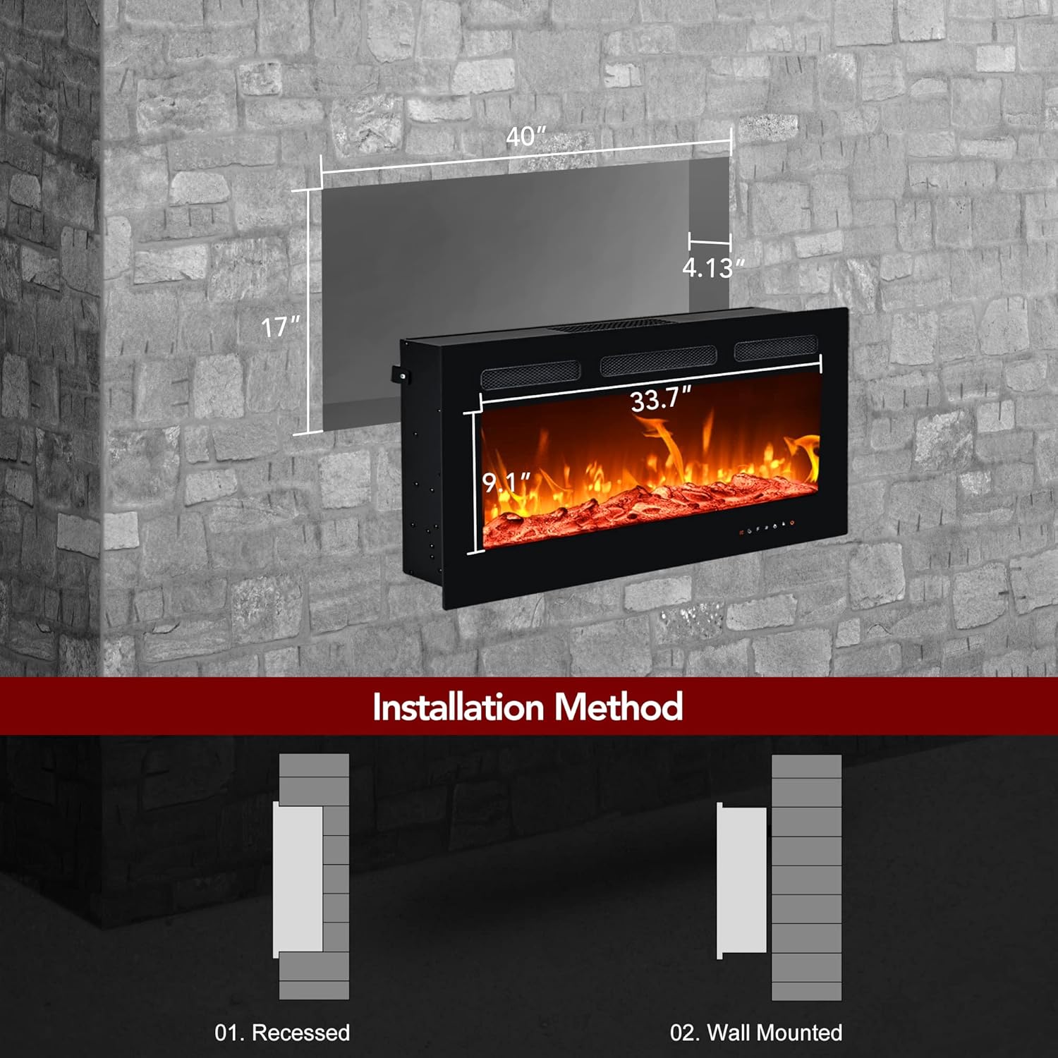 EUHOMY 50 Inch Electric Fireplace Wall Recessed and Wall Mounted with Adjustable Flame Color, Fireplace Heater with Remote Control, Linear Fireplace with Timer, Touch Screen, Log & Crystal, 750/1500W wourant