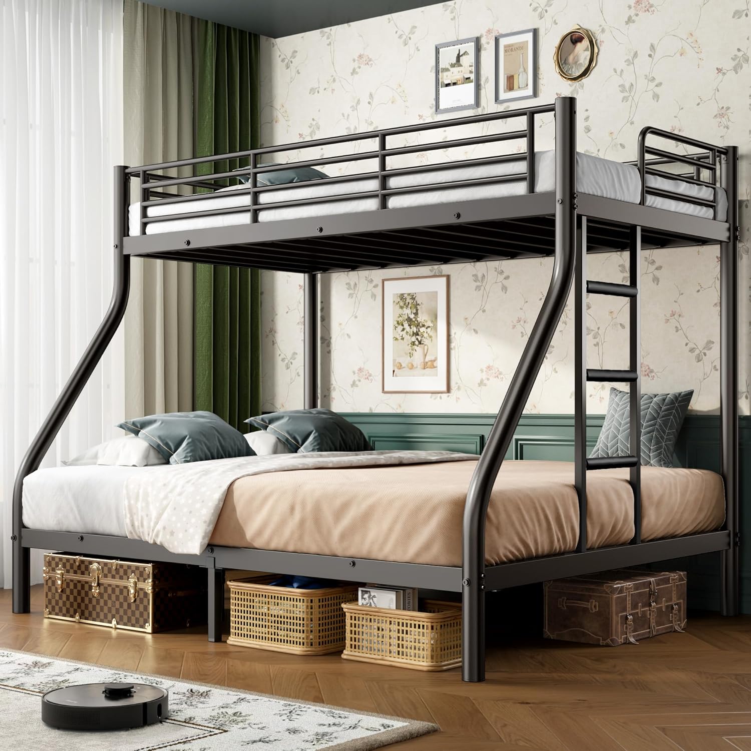 Cyranture Bunk Beds Twin Over Full Size Heavy Duty Bunk Beds Guardrail Metal Bunk Bed Frame wourant