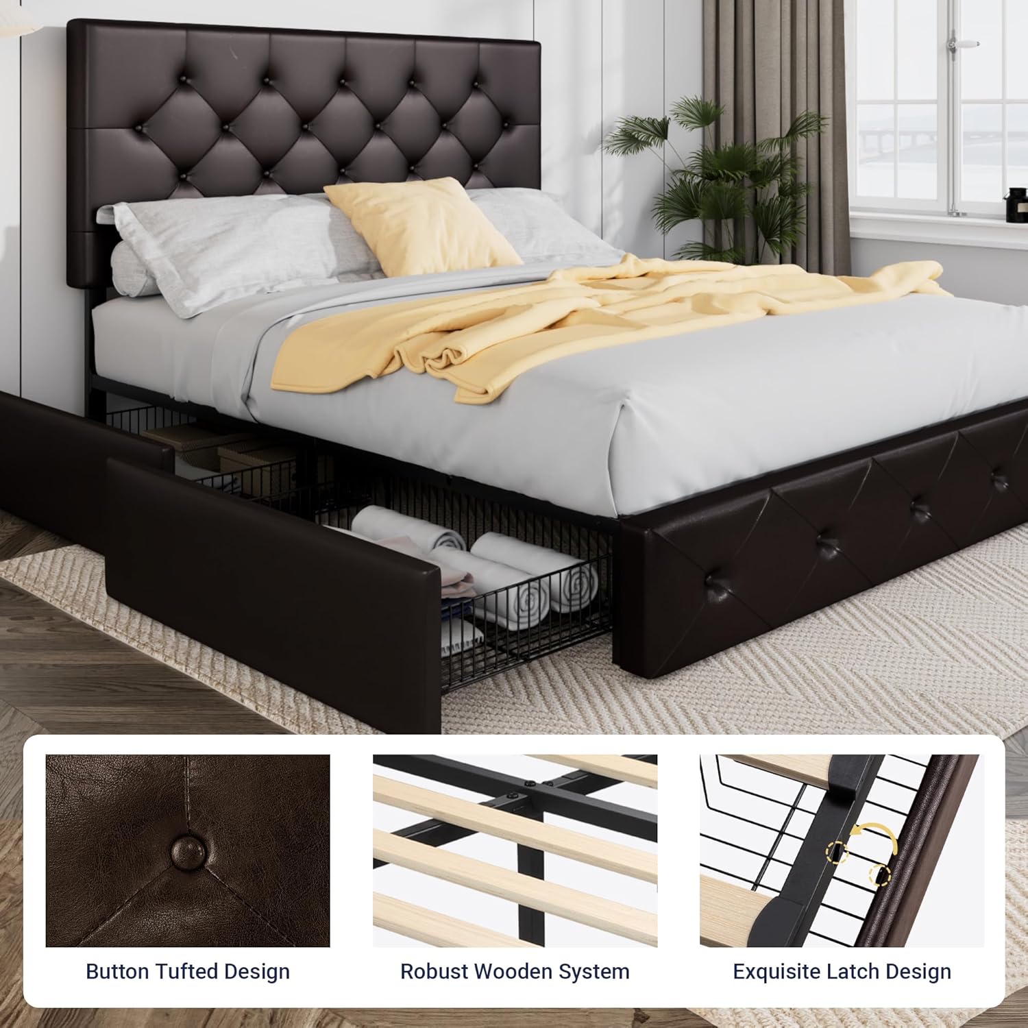 Allewie Upholstered Queen Size Platform Bed Frame with 4 Storage Drawers and Headboard wourant