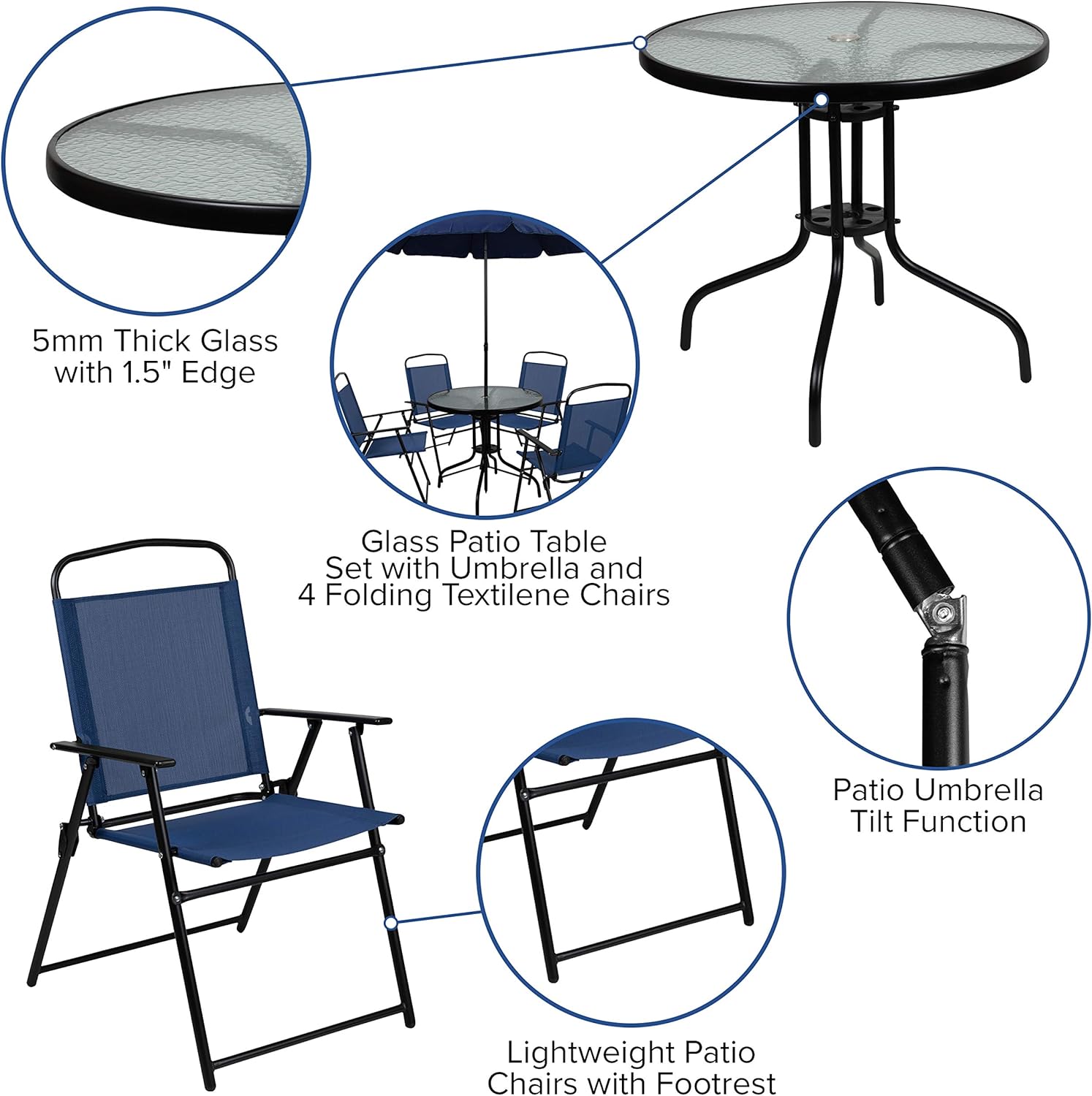 EMMA + OLIVER 6 Piece Brown Patio Garden Set with Umbrella Table and Set of 4 Folding Chairs wourant