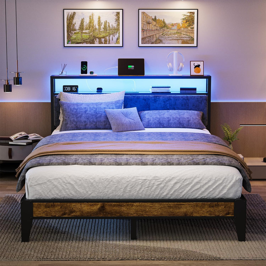 OLEVS Single Bed Frame LED Light Storage Headboard Charging Station Metal Platform Bed wourant