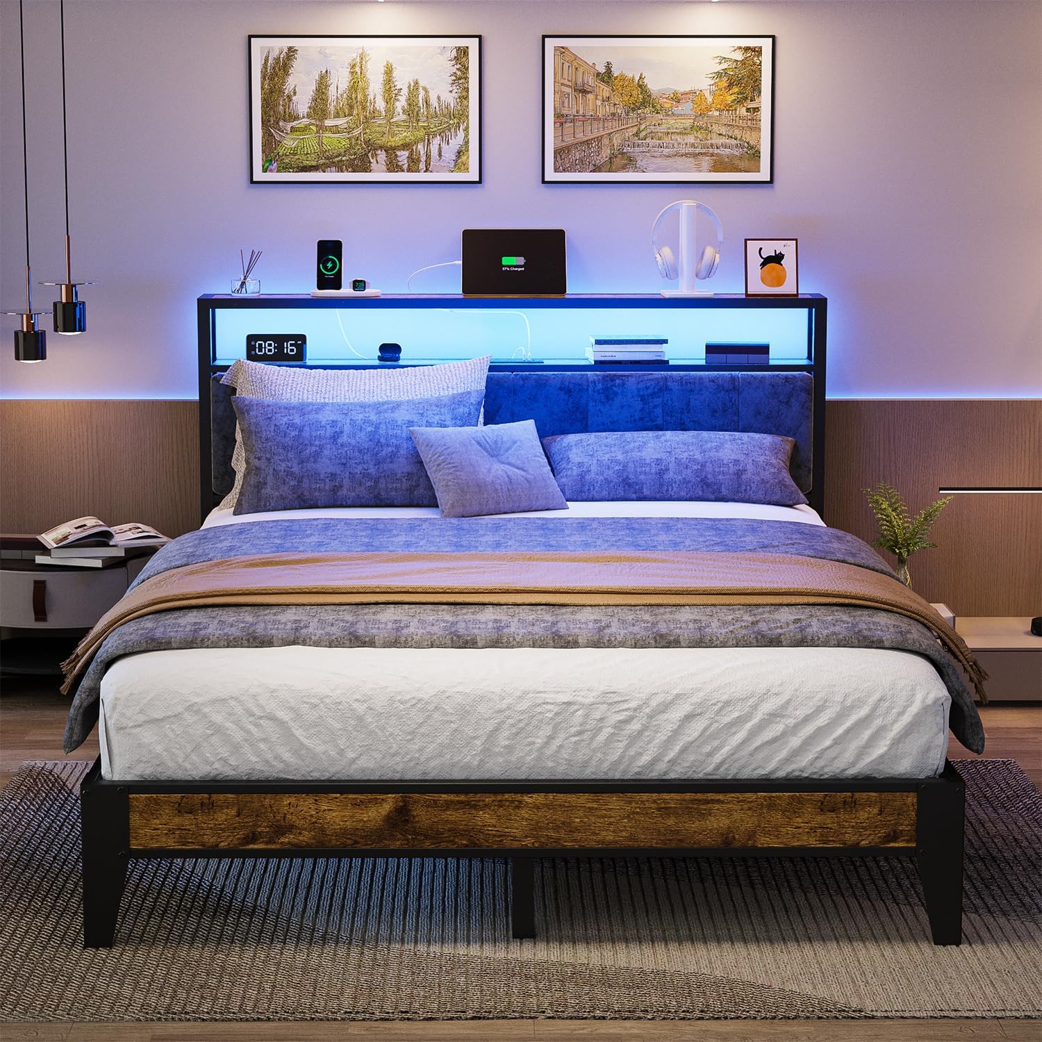 OLEVS Single Bed Frame LED Light Storage Headboard Charging Station Metal Platform Bed wourant