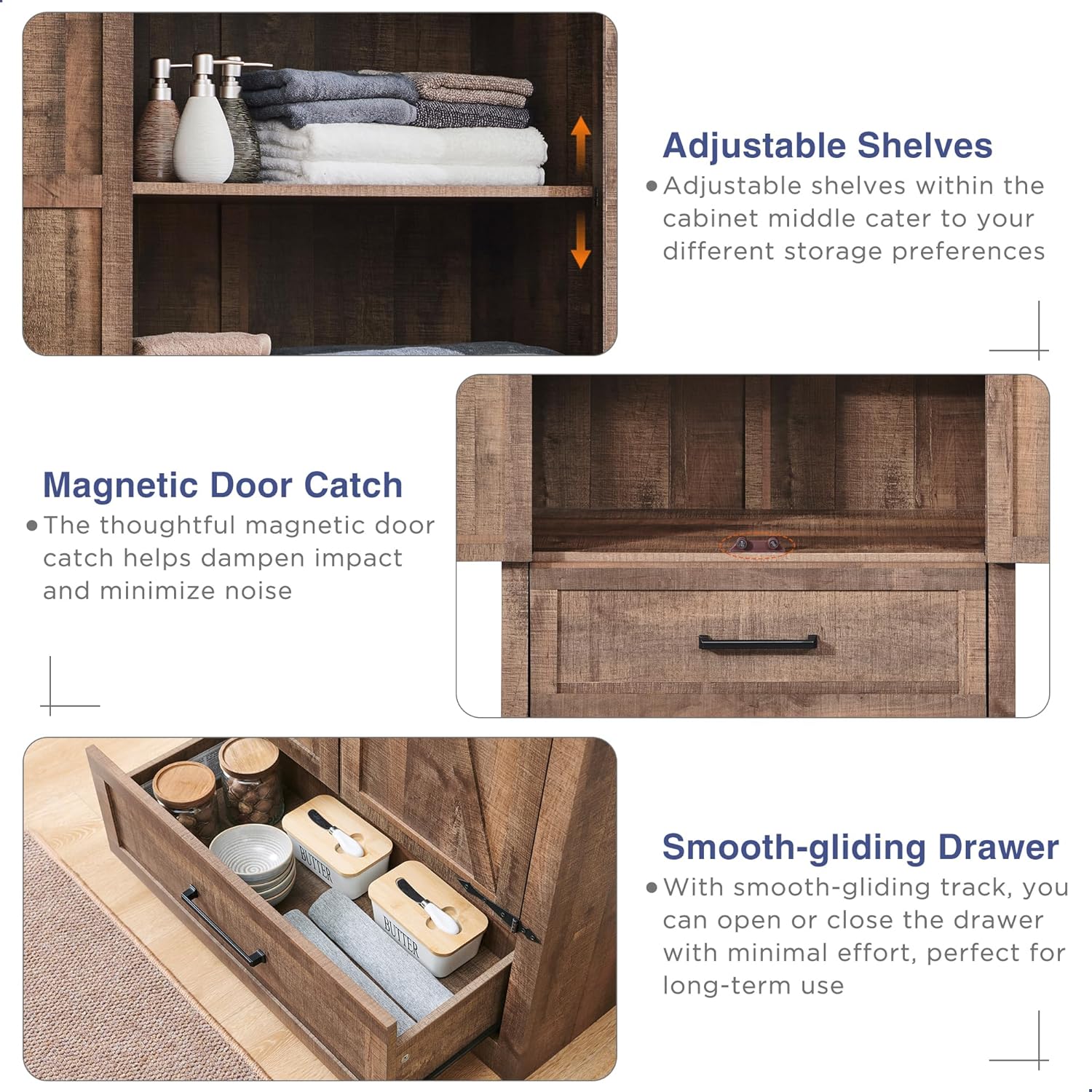 JXQTLINGMU Farmhouse Kitchen Pantry - 72" Tall Wood Kitchen Storage Cabinet with Adjustable Shelves and 2 Barn-Style Doors and Drawers wourant