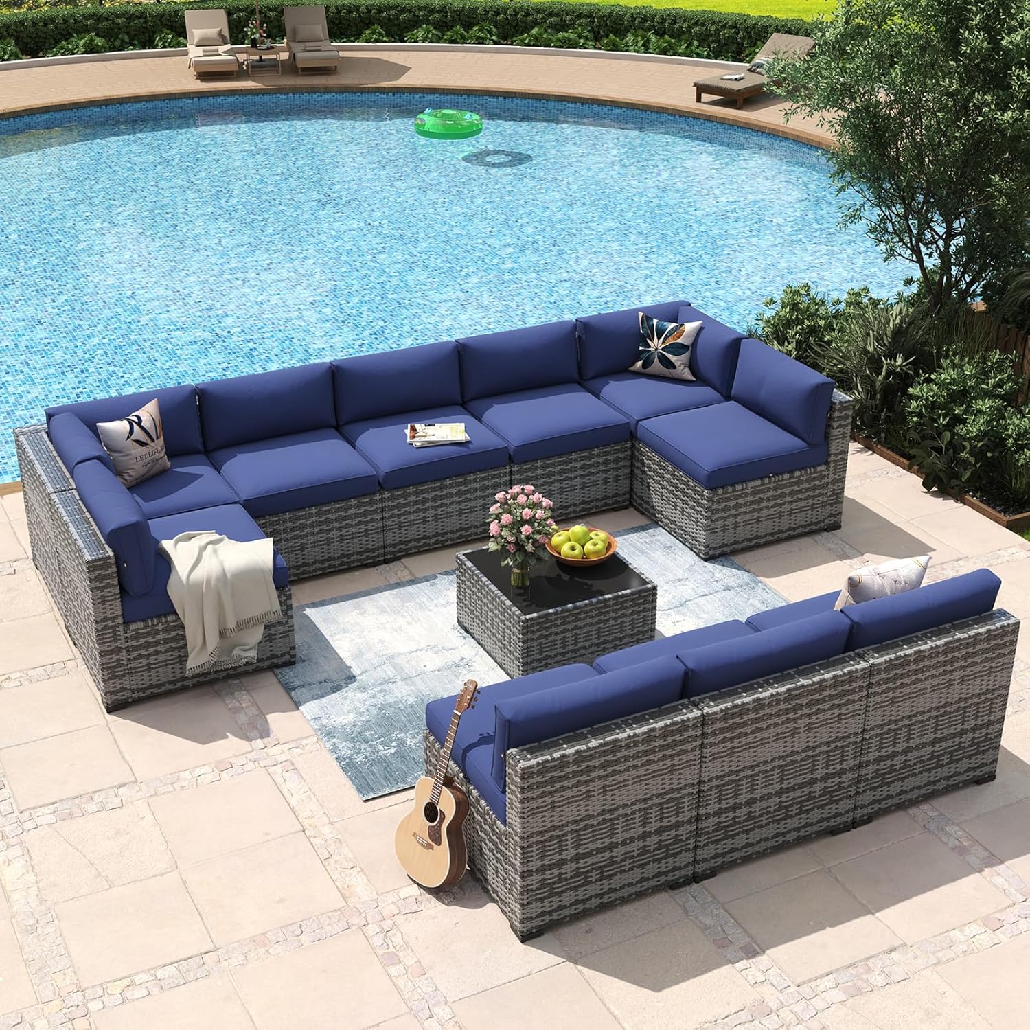 Aoxun 8 Piece Patio Furniture Set with 44?Fire Pit Table Wicker Rattan Outdoor Sectional Sofa Set with Coffee Table and Thickened Cushions, Beige (Waterproof Cover Included) woonhhop