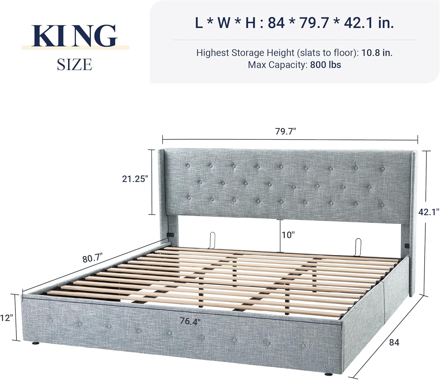 Allewie Queen Size Lift Up Storage Bed Modern Wingback Headboard Hydraulic Support wourant