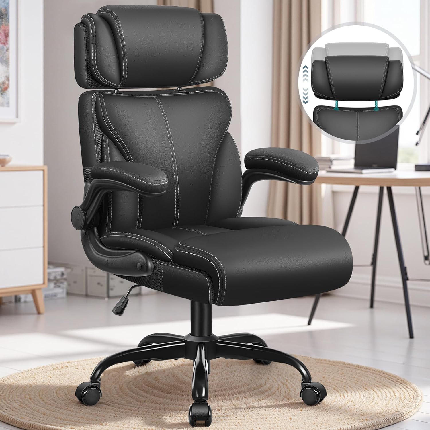 Office Chair Large High-Foot Computer Desk Chair, Breathable Leather Chair Lumbar Support Rotating Computer Chair wourant