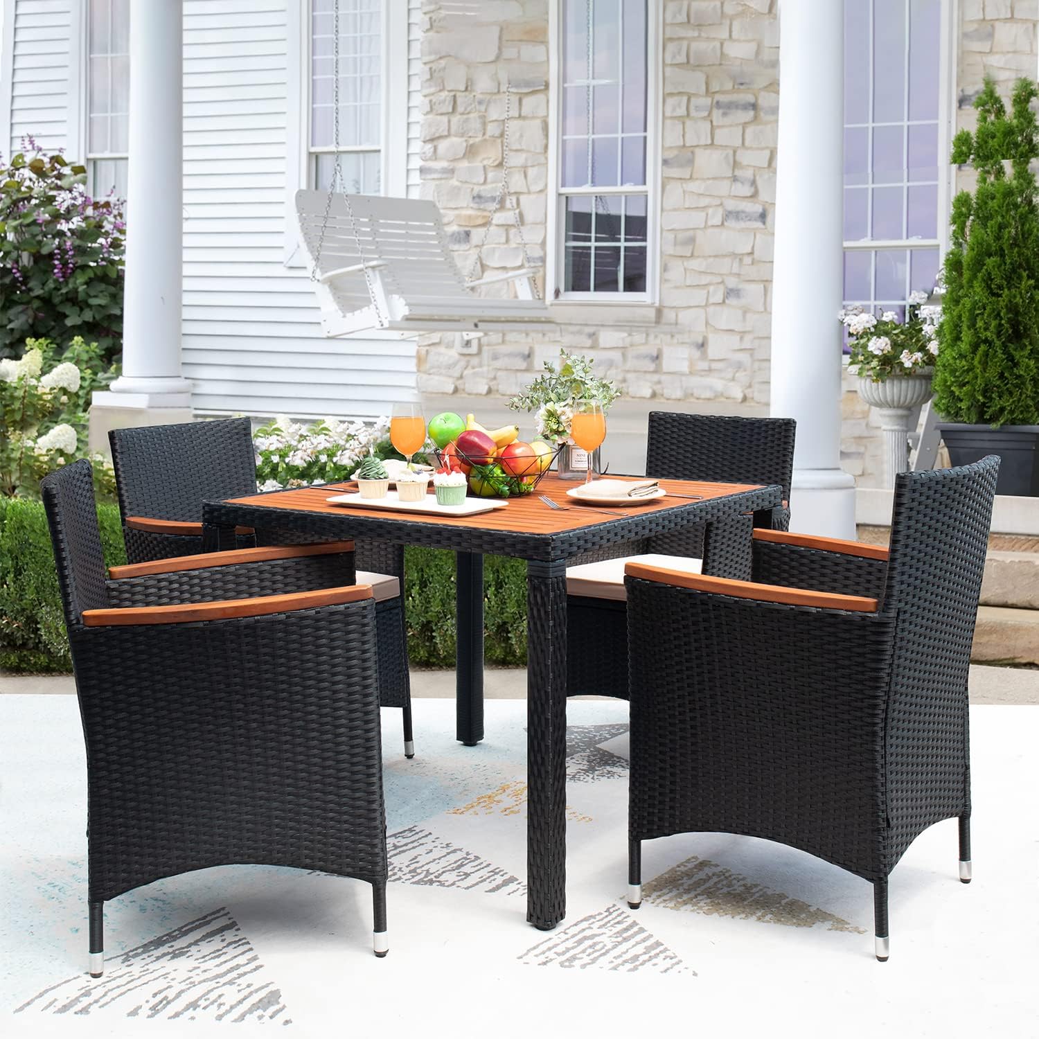 Devoko Dining 7 PCS Furniture, Patio Conversation Set with Acacia Wood Table Top, Rattan Outdoor, Black wourant