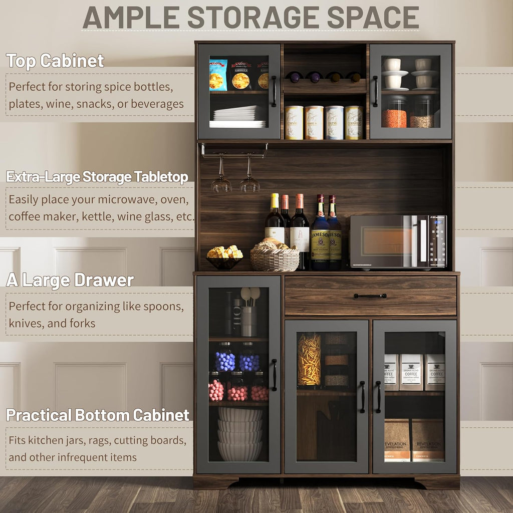Kitchen Hutch Pantry Cabinet 71" Tall with Glass Doors wourant