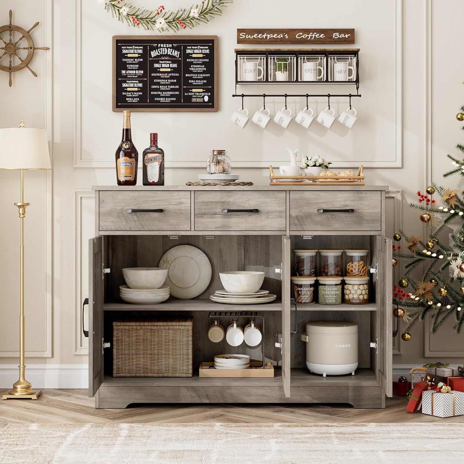 Modern farmhouse sideboard, barn door buffet storage cabinet with drawers and shelves, wooden coffee bar with storage wourant