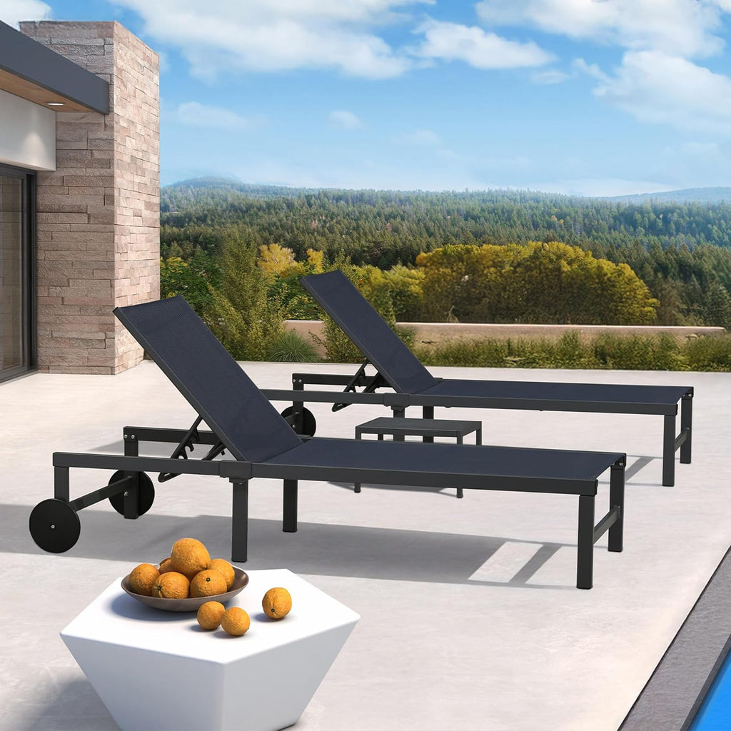 PURPLE LEAF Patio Tanning Lounge Chair Set with Face Down Hole Outdoor Aluminum Adjustable Reclining Chairs Wheels Pillows and Table for Poolside Beach Sunbathing Lounger, Beige wourant