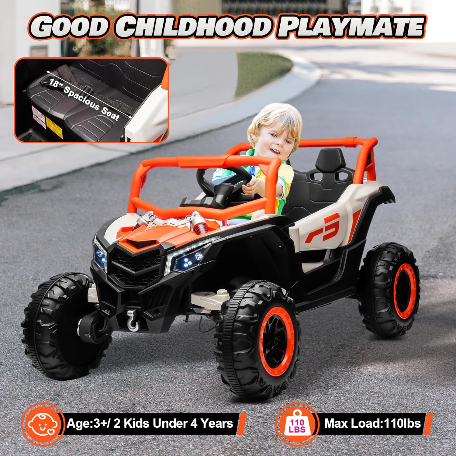 JOYRACER Kids Remote Control Car with 4 x 150W Motors, Shock Absorbers, Bluetooth, MP3 Player, and Headlights wourant