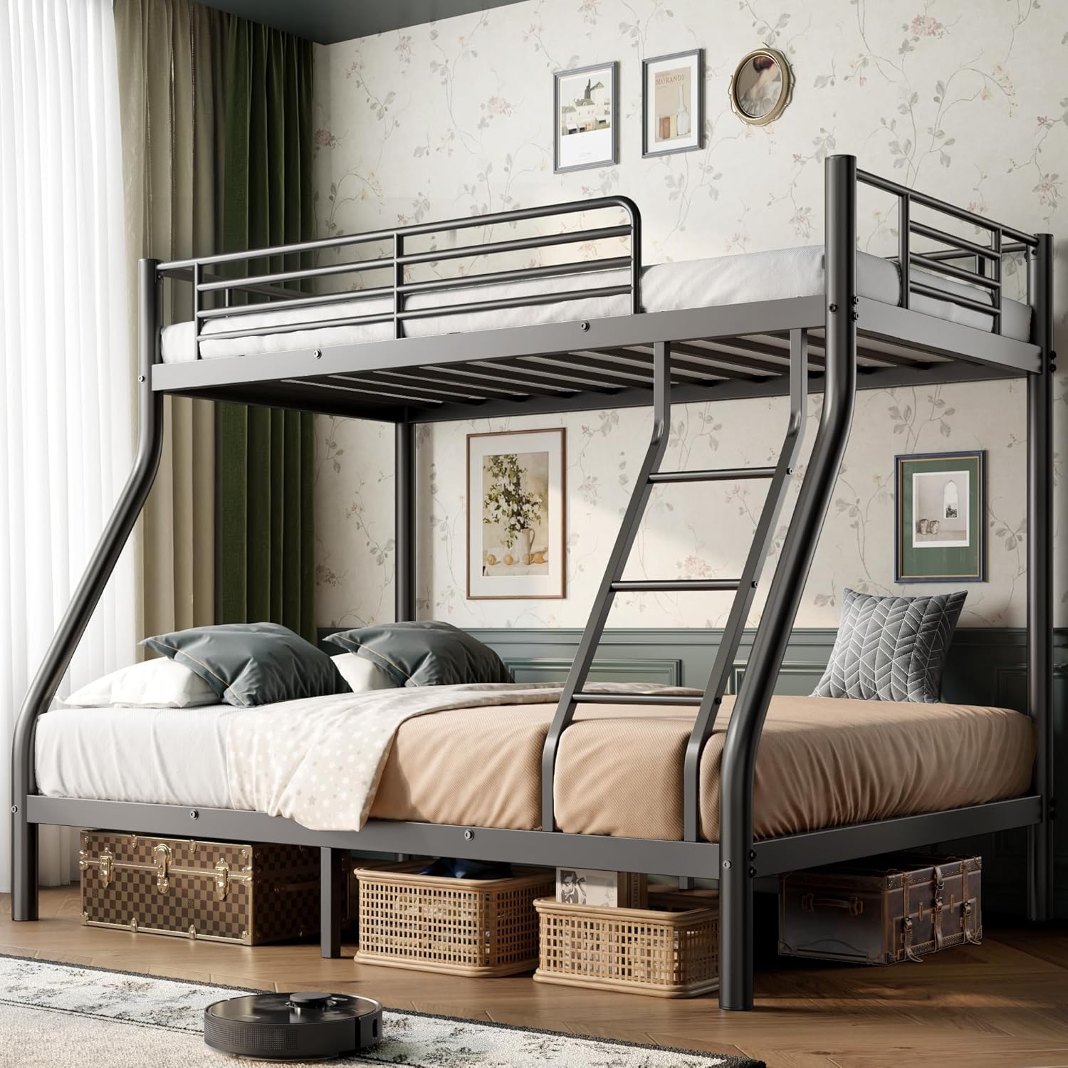 Cyranture Bunk Beds Twin Over Full Size Heavy Duty Bunk Beds Guardrail Metal Bunk Bed Frame wourant