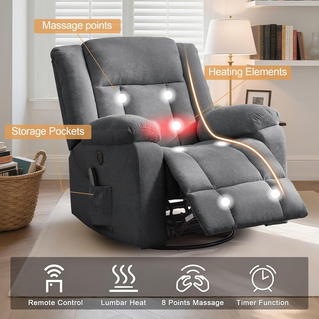 Rocker Recliner, Glider Recliner Chairs for Adults, 360° Swivel Rocking Chair with Massage and Heating, Nursery Chair with Storage and USB Charging for Living Room, Bedroom, Nursery wourant