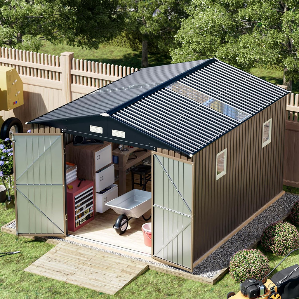 Breezz 8X10FT Outdoor Steel Storage Shed Lockable Doors Weather-Resistant Metal Tool Shed wourant