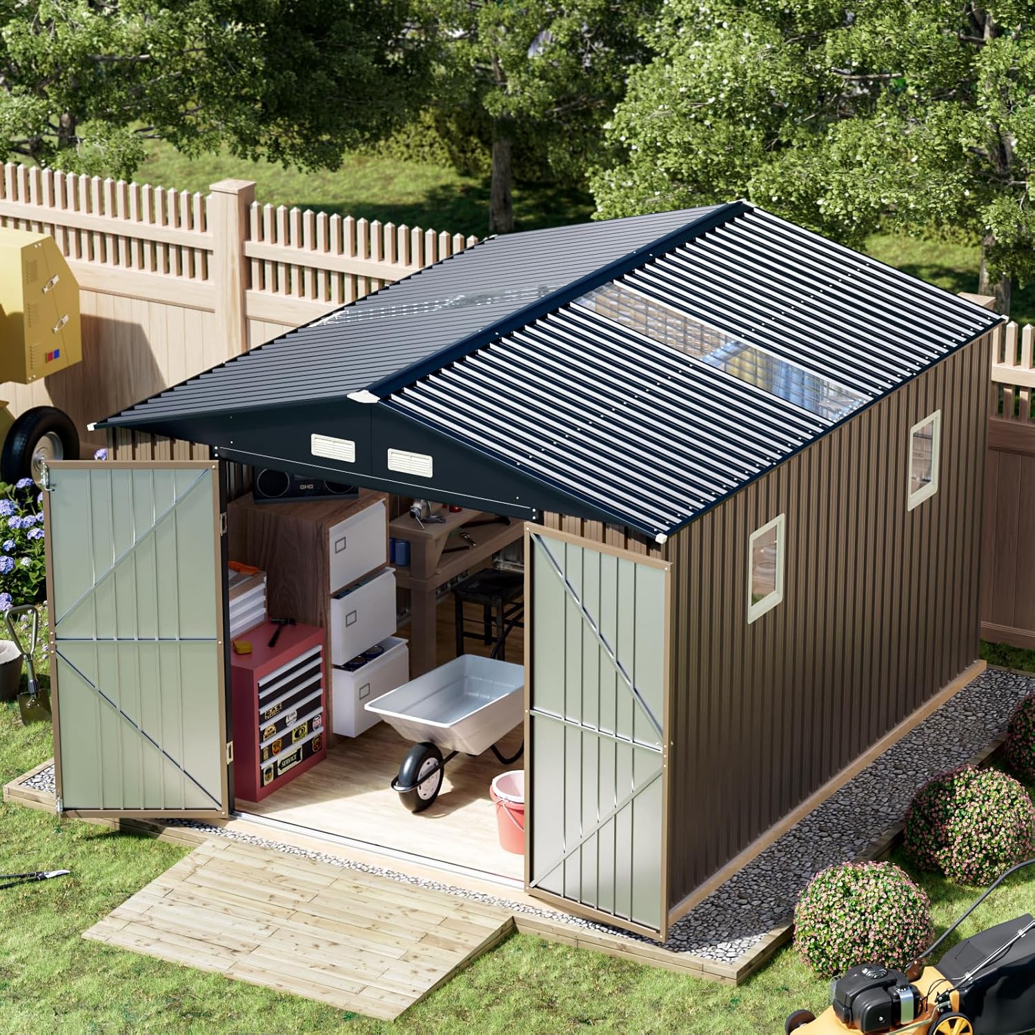 Breezz 8X10FT Outdoor Steel Storage Shed Lockable Doors Weather-Resistant Metal Tool Shed wourant