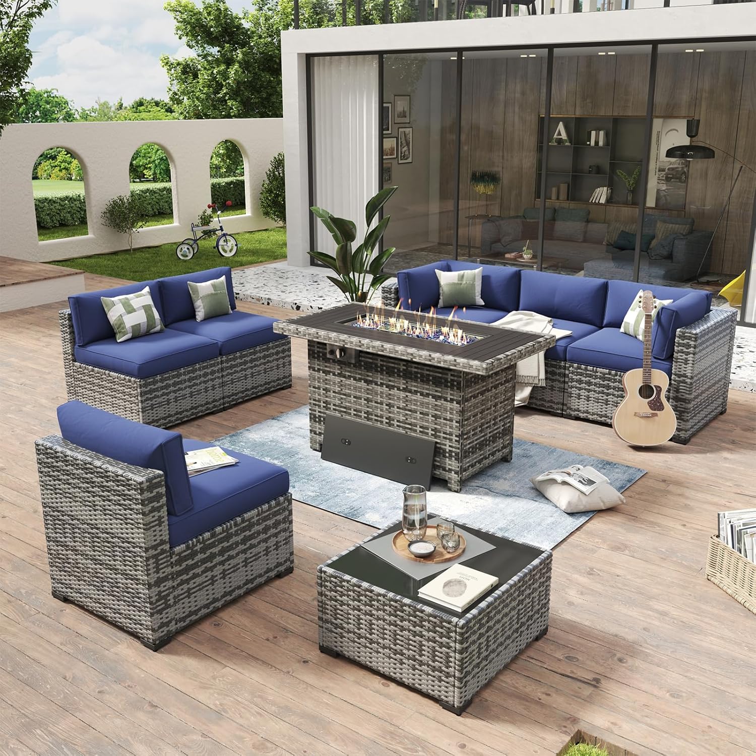 Aoxun 8 Piece Patio Furniture Set with 44?Fire Pit Table Wicker Rattan Outdoor Sectional Sofa Set with Coffee Table and Thickened Cushions, Beige (Waterproof Cover Included) woonhhop